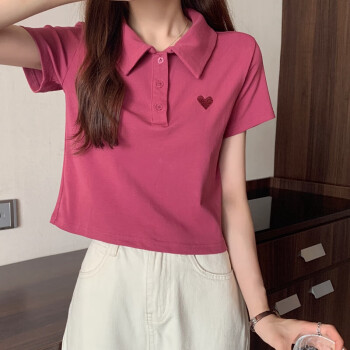 品彩polo衫短袖T恤女夏季刺绣t恤设计感小众翻领短款上衣PW21D65	