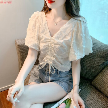 MURVKF轻奢高端2023夏季新款V领雪纺衫女气质短袖上衣小心机杏色S	
